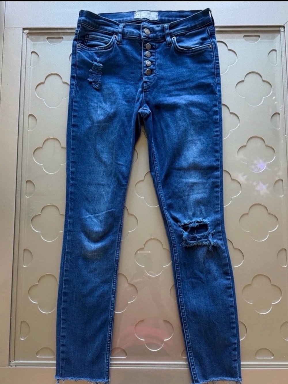 FREE PEOPLE Raw Edge Skinny Jeans Dark Wash Distressed Button Fly Size 27